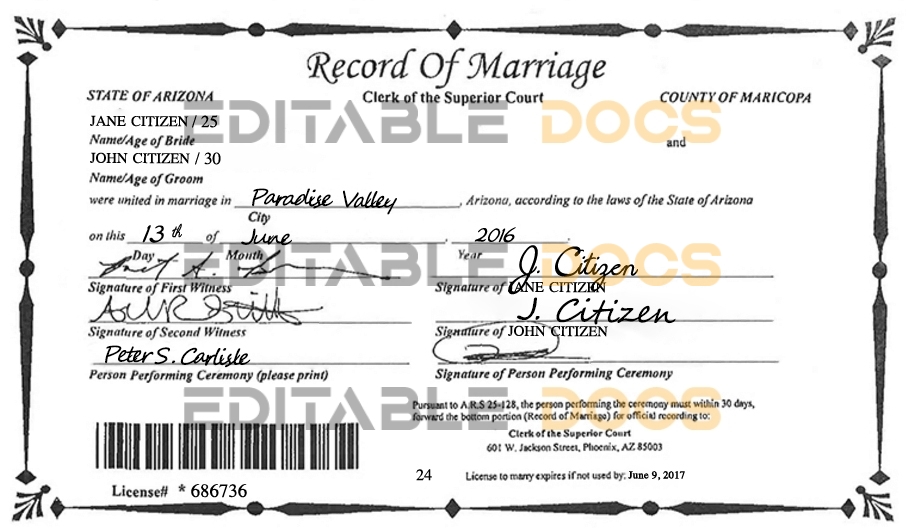 USA Arizona Marriage Certificate | Editable PSD Templates