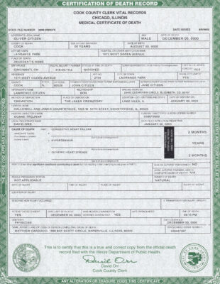 Customizable USA Illinois state Death Certificate PSD Templates | Instant Download