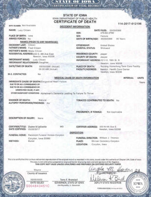 Customizable USA Iowa state Death Certificate PSD Templates | Instant Download