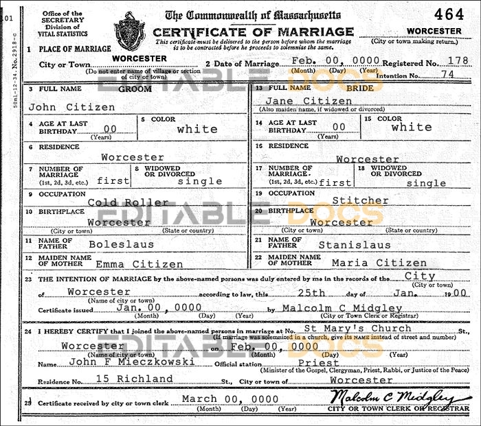 USA Massachusetts Marriage Certificate | Editable PSD Templates
