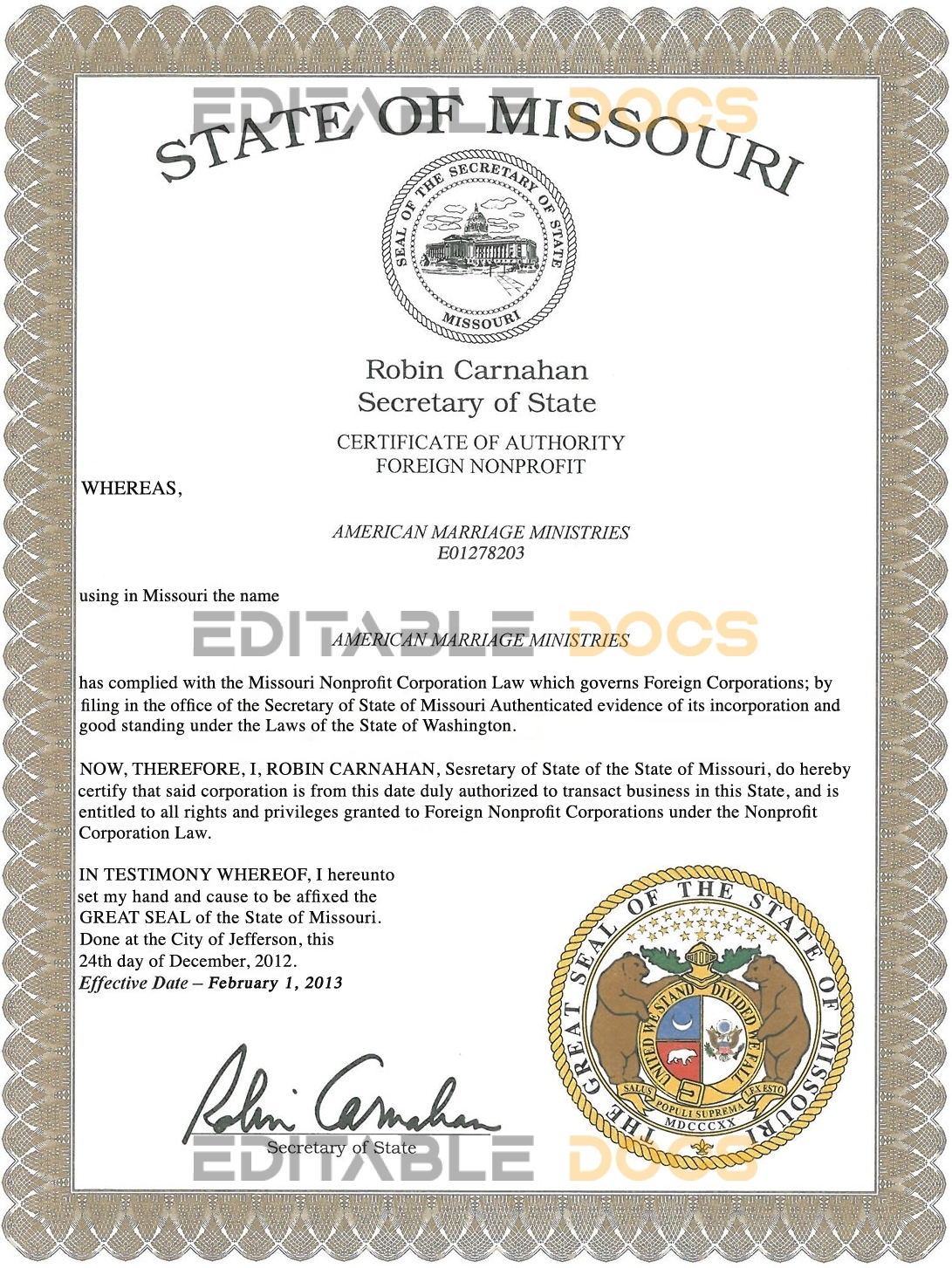 USA Missouri Marriage Certificate Editable PSD Templates