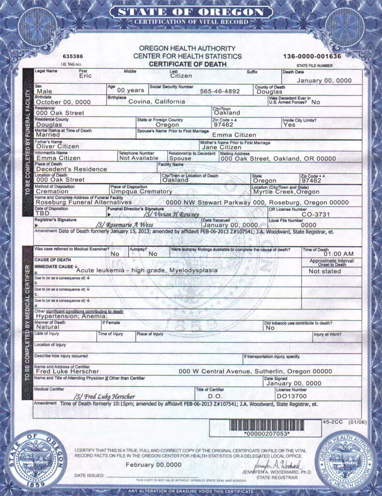 USA Oregon state death certificate template in PSD format