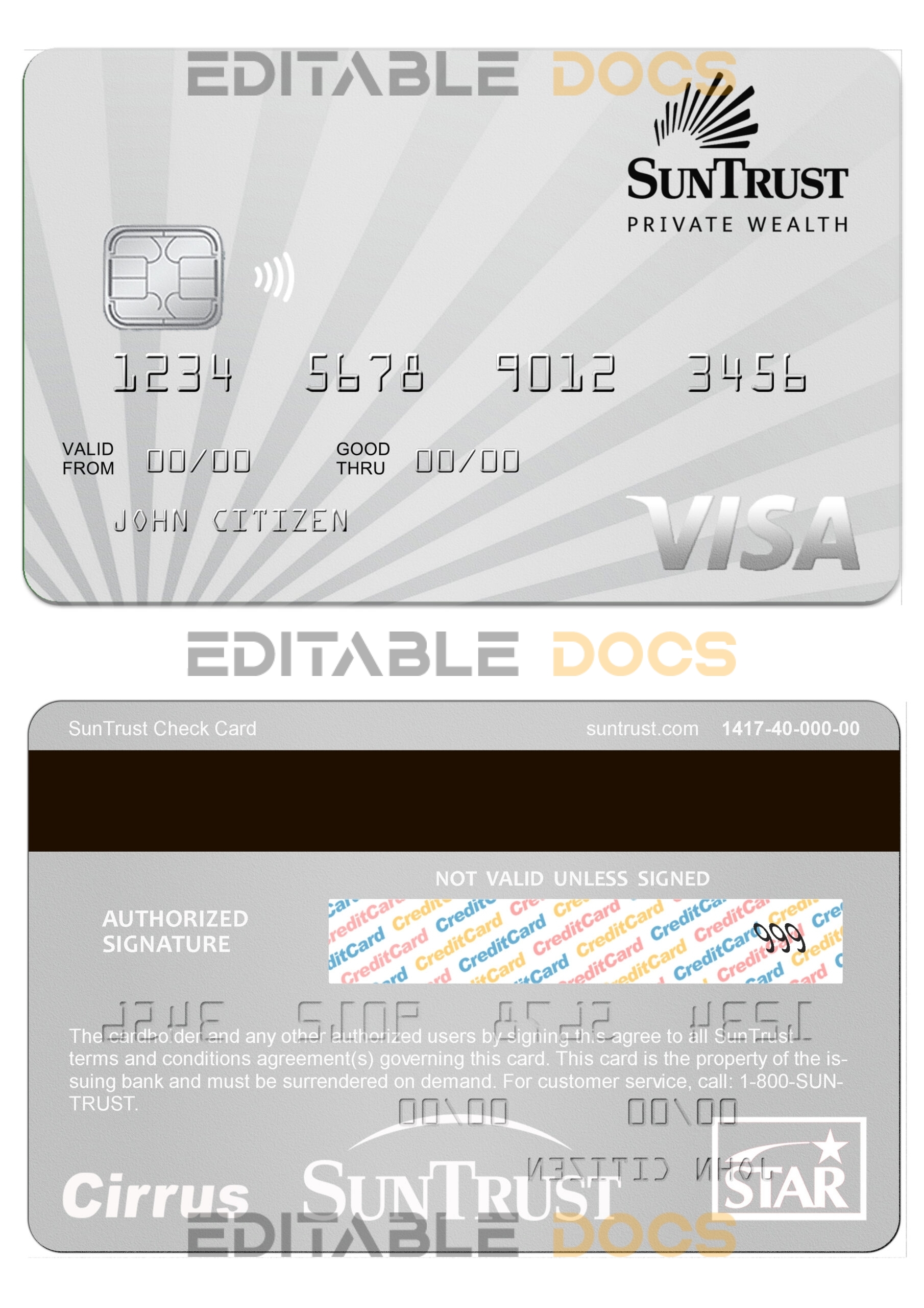 Editable USA SunTrust Visa debit card Templates