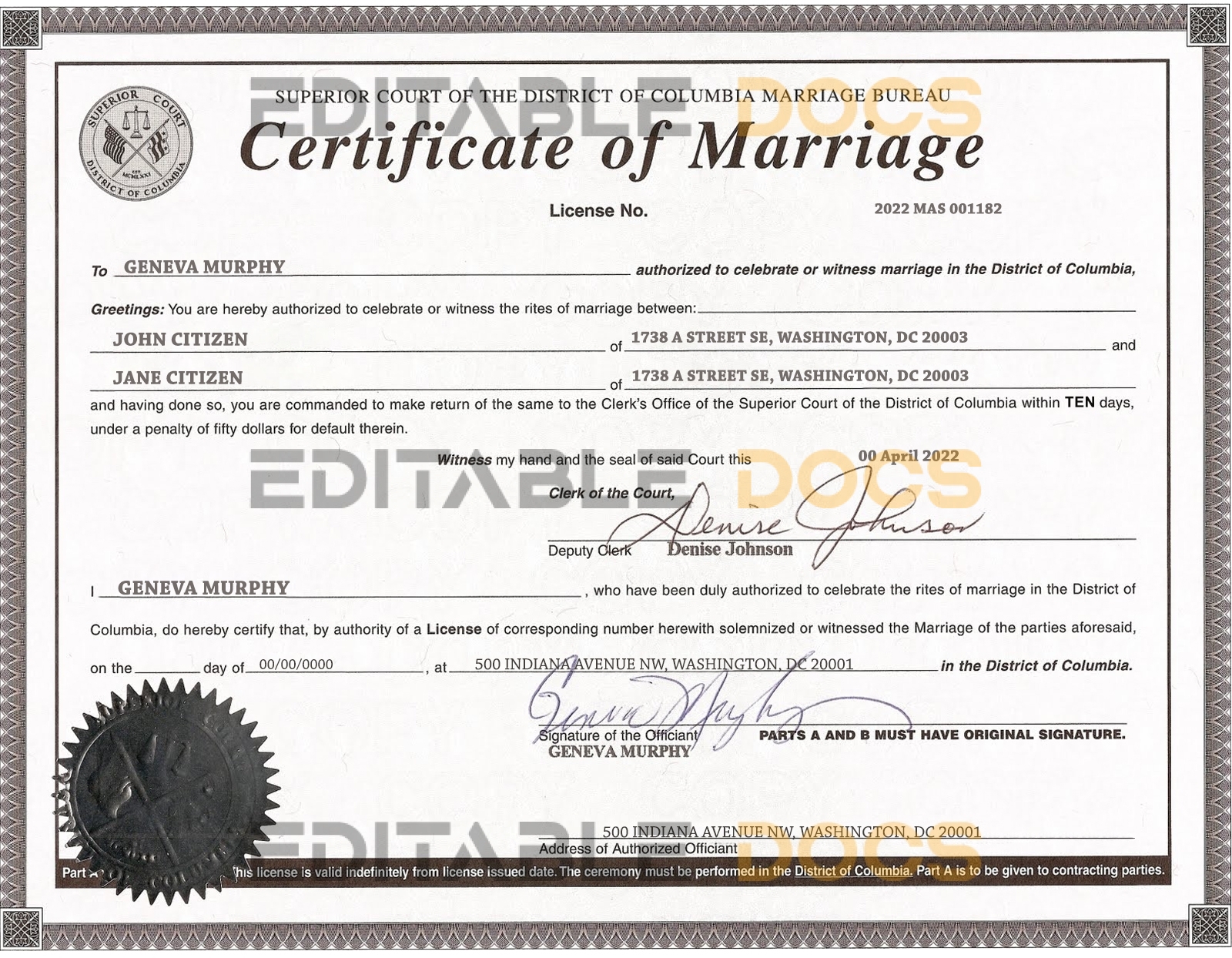 USA Washington district of Columbia Marriage Certificate Editable PSD Templates