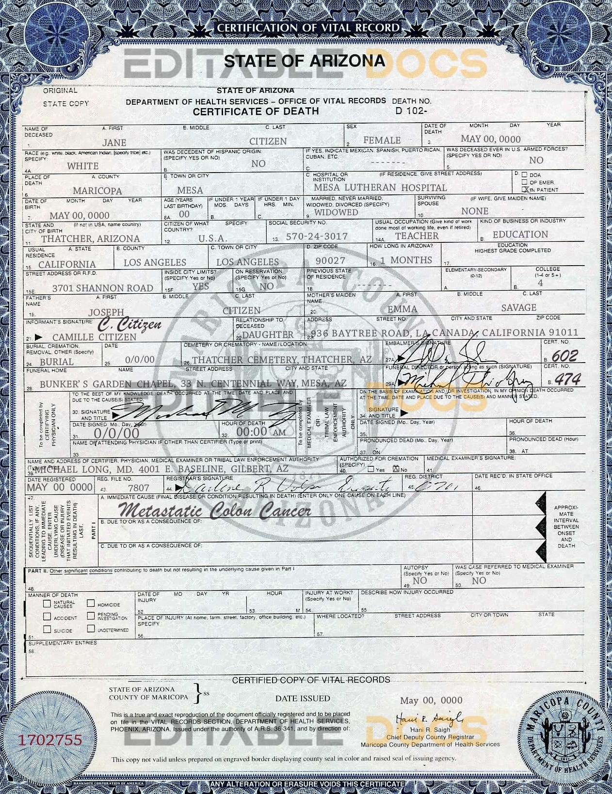 Customizable USA state Arizona Death Certificate PSD Templates | Instant Download