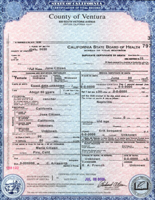 Customizable USA state California County of Ventura Death Certificate PSD Templates | Instant Download