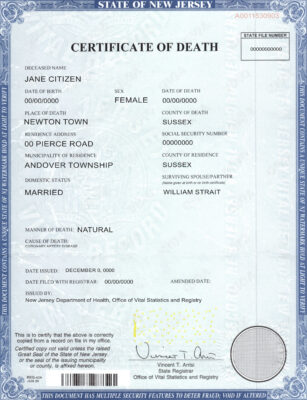 Customizable USA state New Jersey Death Certificate PSD Templates | Instant Download