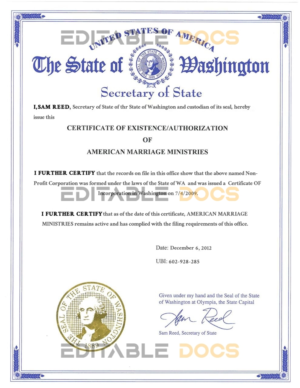 USA washington Marriage Certificate Editable PSD Templates