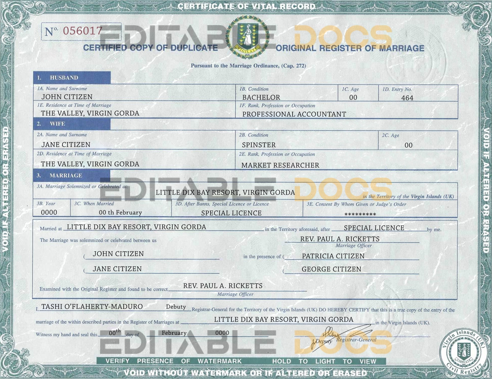 Virginian islands Marriage Certificate Editable PSD Templates