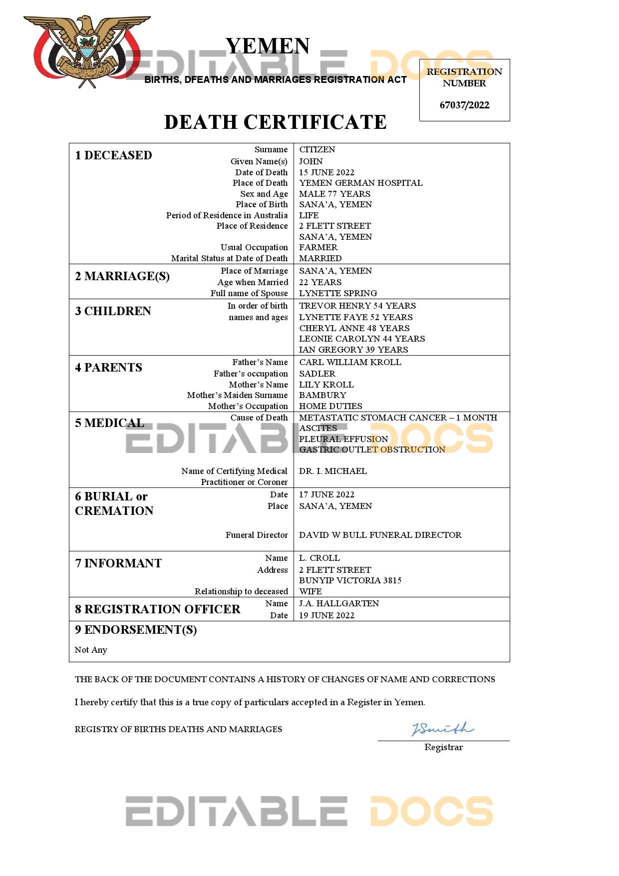 Fillable Yemen Death PDF Templates | Blank Docs