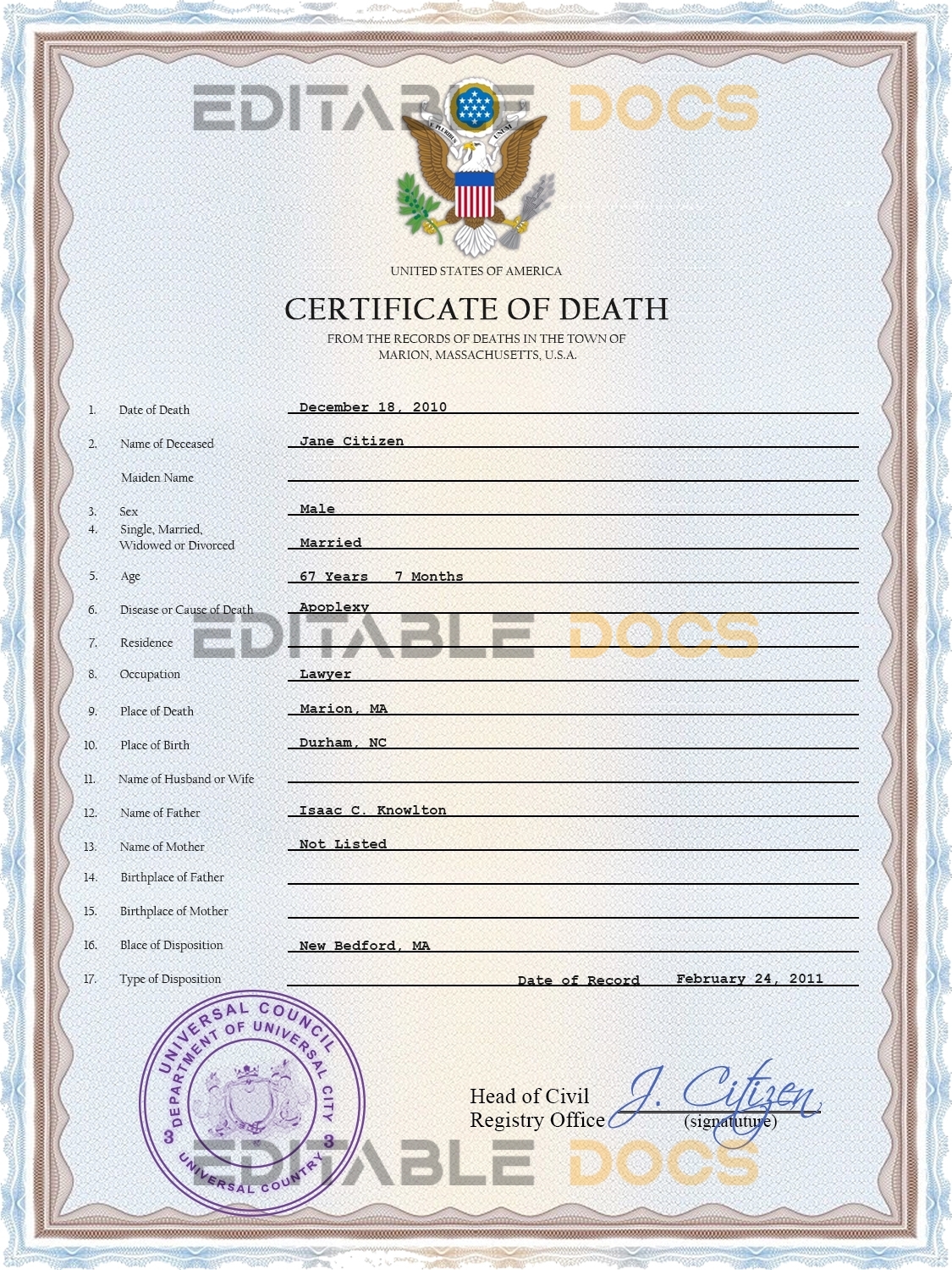 Customizable Affiliate Universal Death Certificate PSD Templates