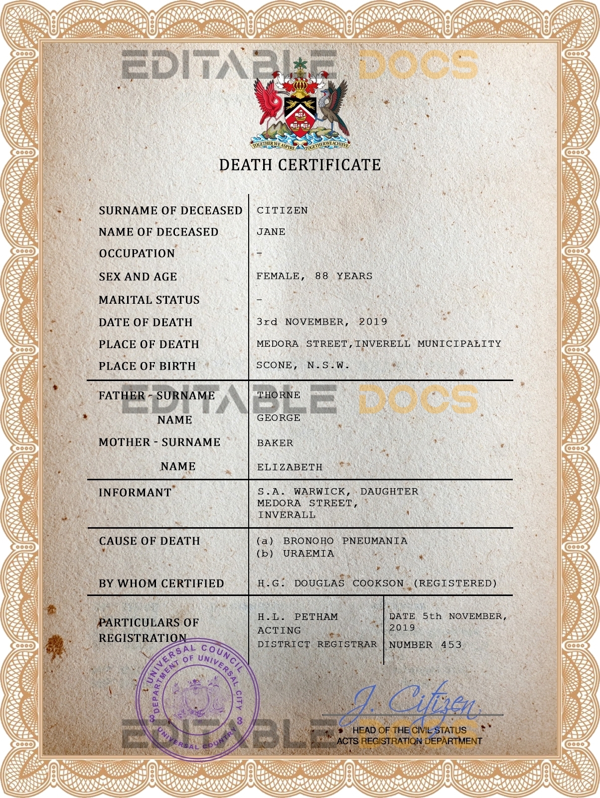 Customizable Arms Acclaimed Universal Death Certificate PSD Templates