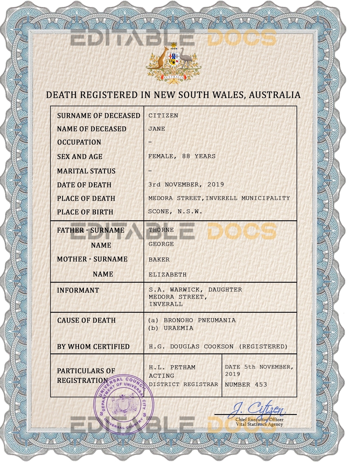 Customizable Arms Unity Universal Death Certificate PSD Templates
