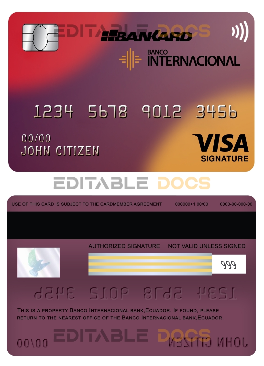 Editable banco internacional bank ecuador visa signature card Templates in PSD Format
