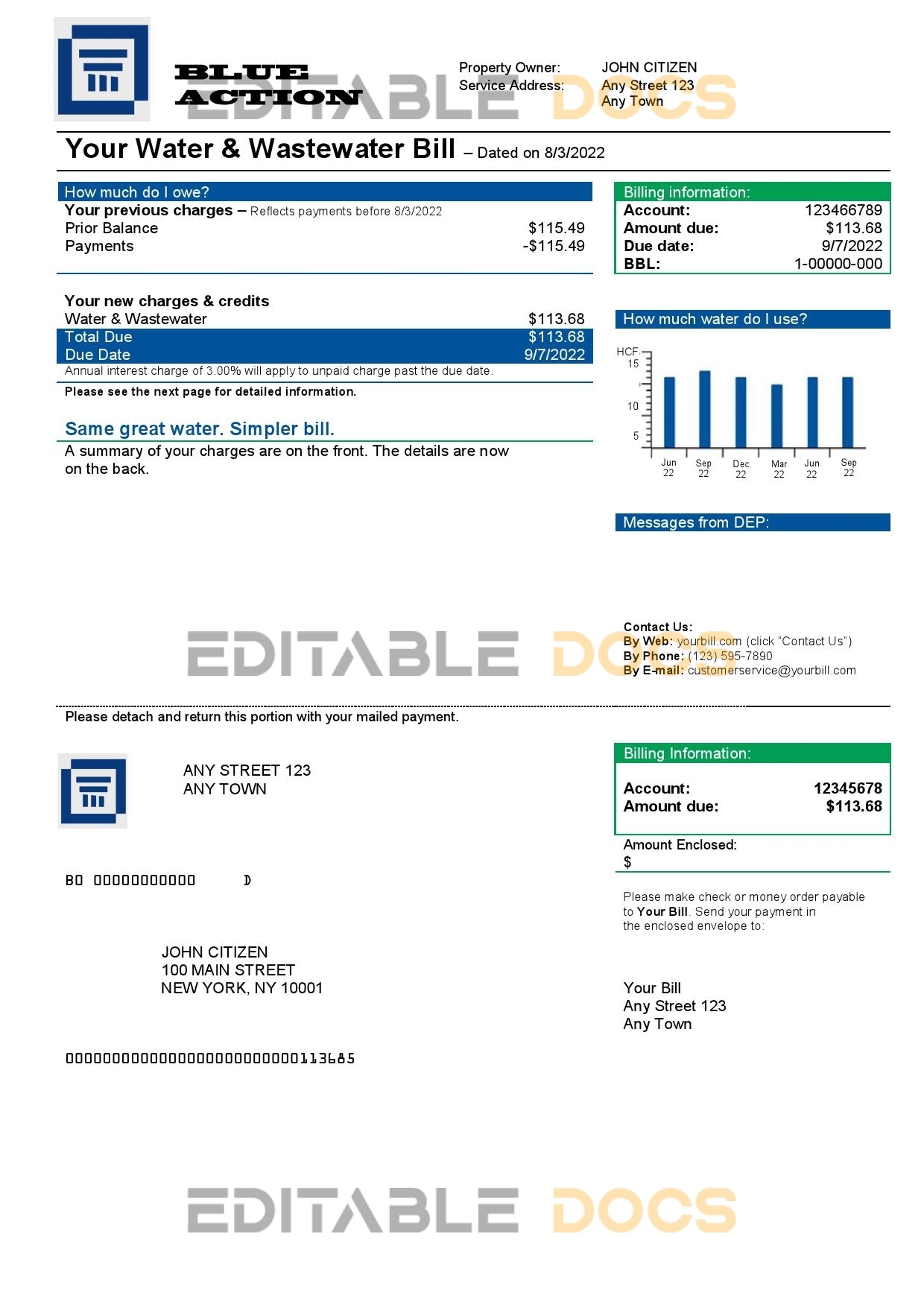 blue action universal multipurpose utility bill template in Word and PDF format