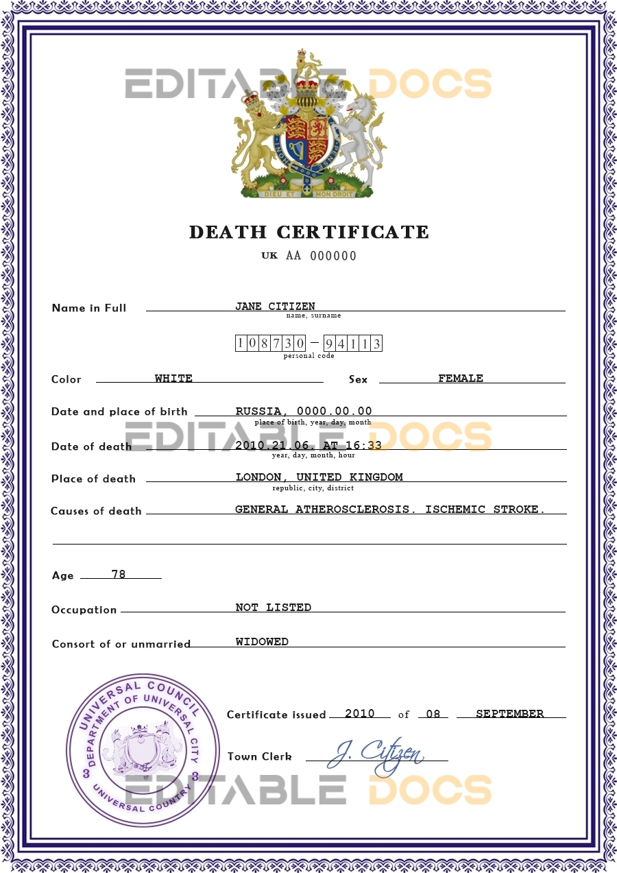 Customizable Certificate Expert Vital Record Universal Death Certificate PSD Templates