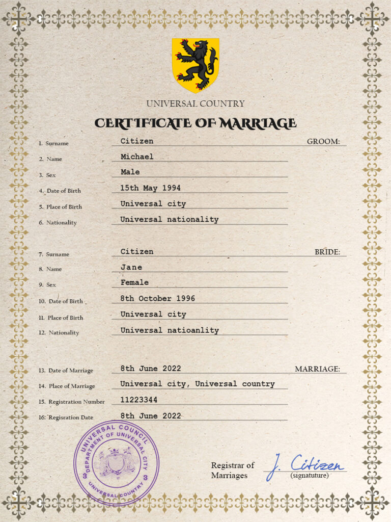 charm universal Marriage Certificate psd