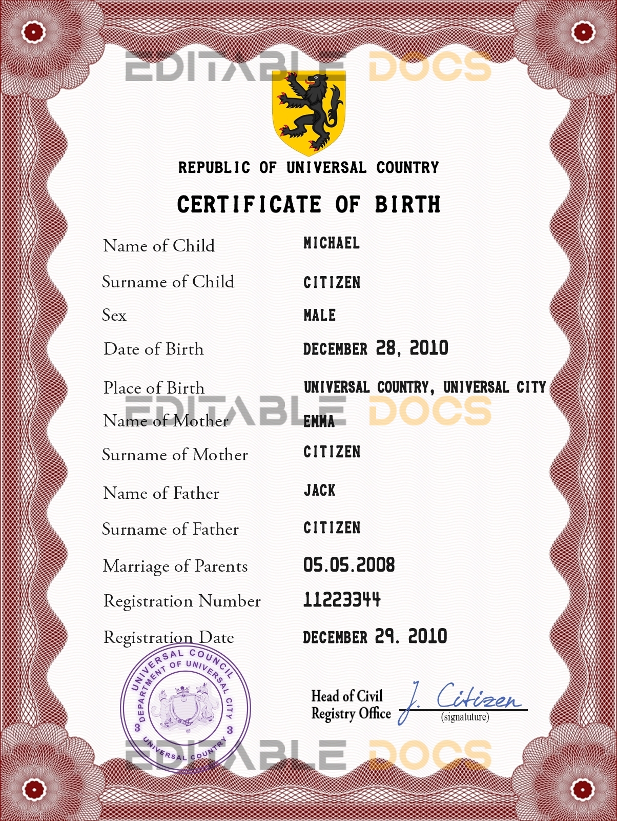 Authentic mass project universal Birth Certificate PSD Template