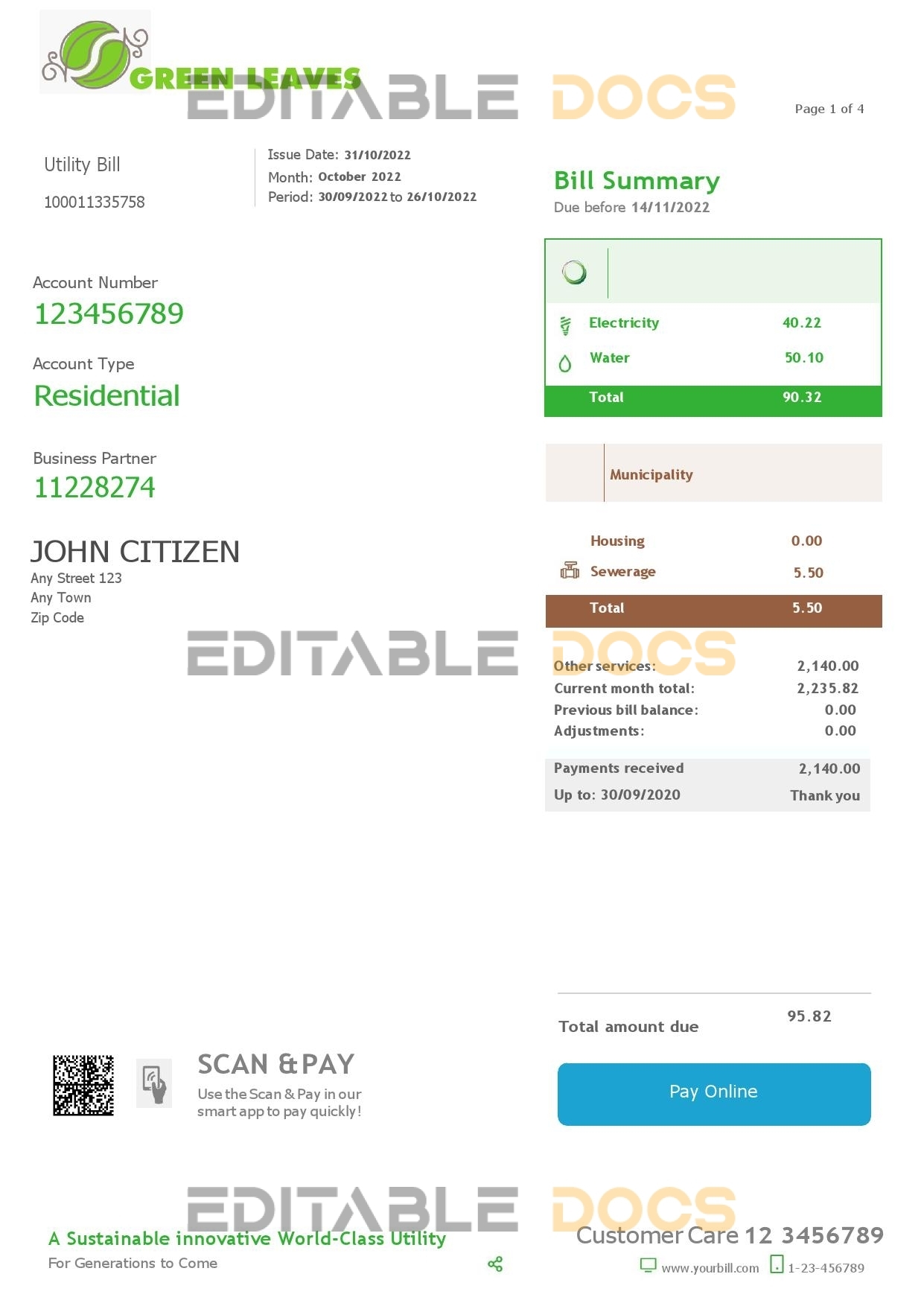 green leaves universal multipurpose utility bill template in Word and PDF format