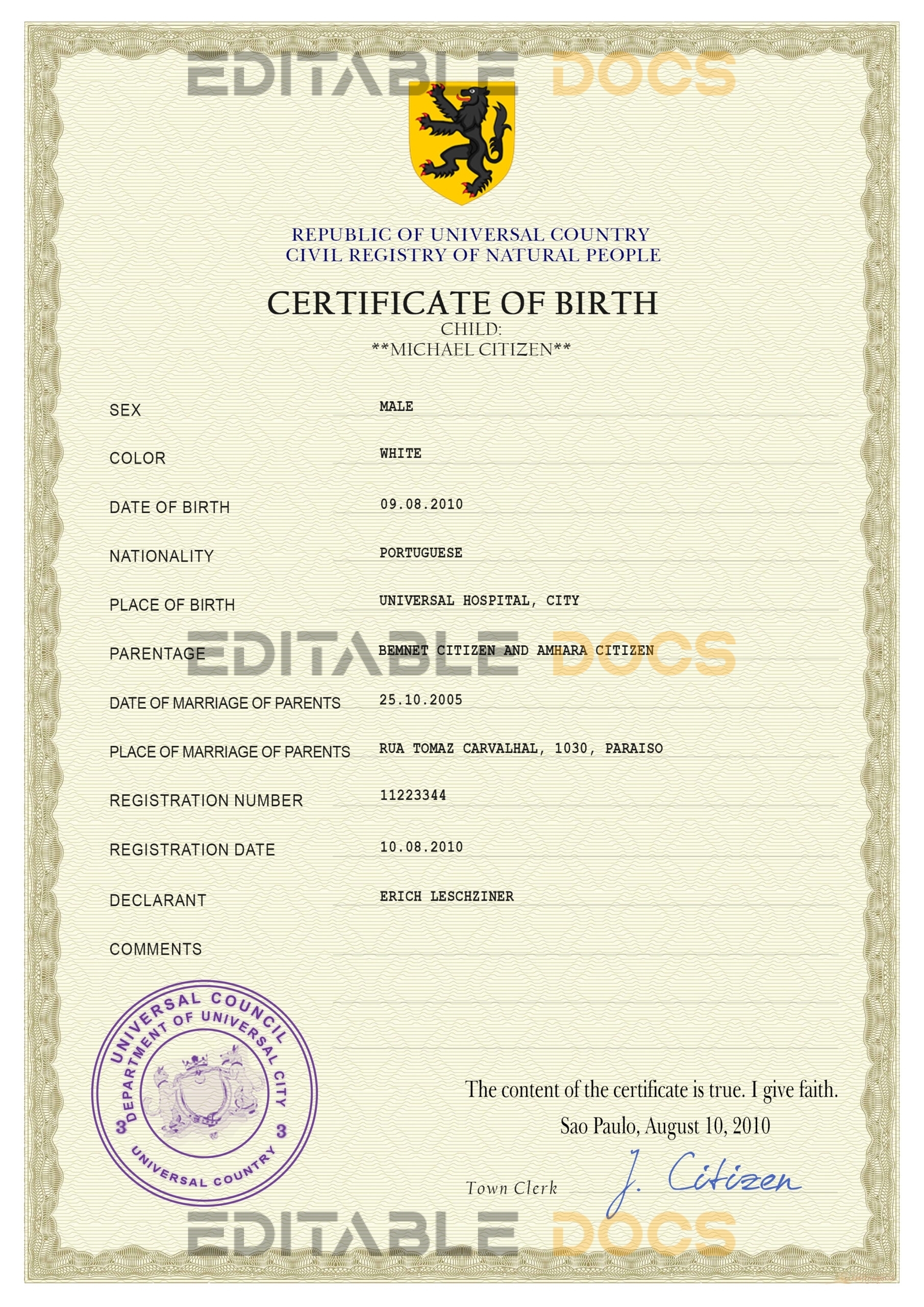 Authentic master accord Birth Certificate PSD Template