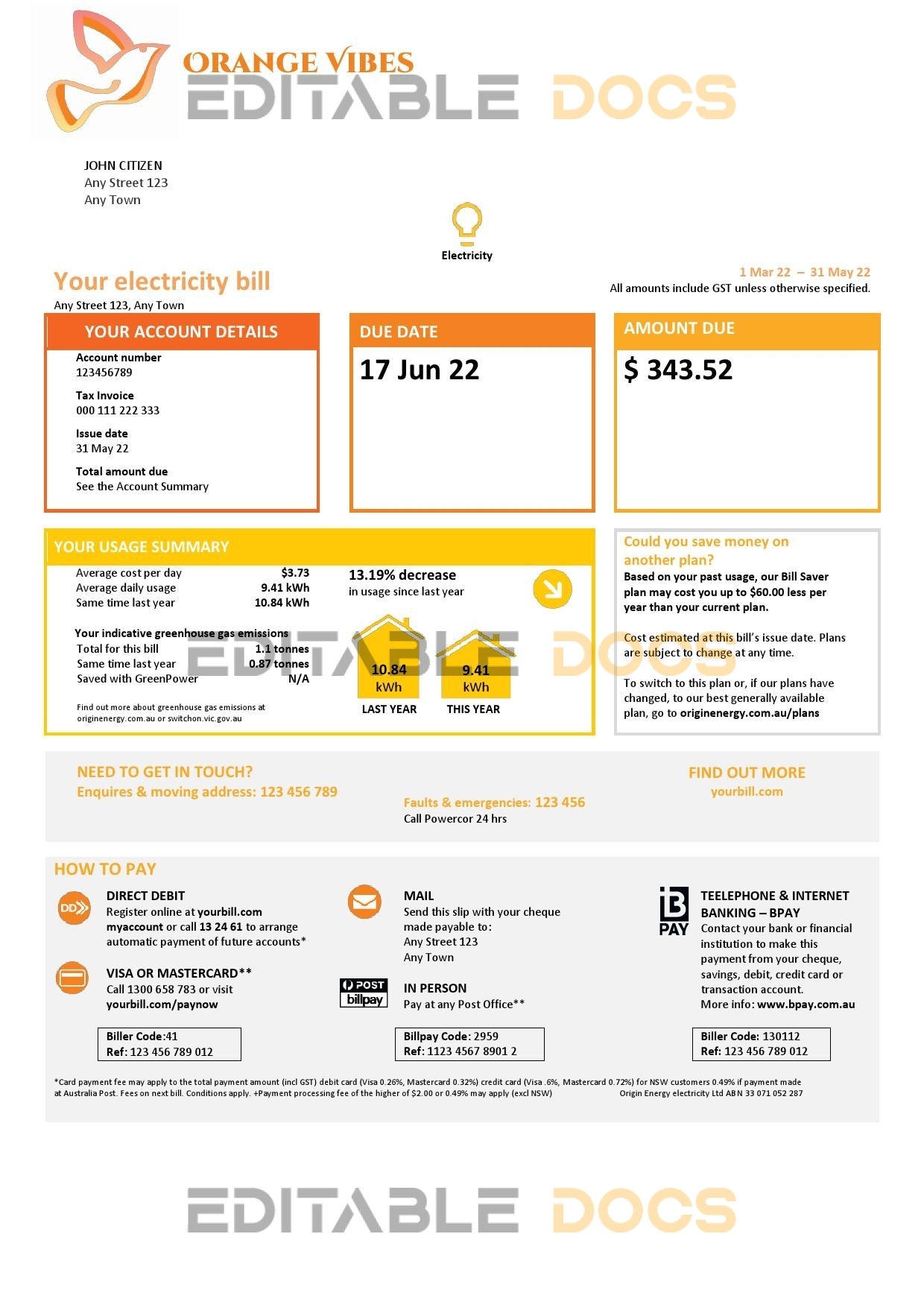 orange vibes universal multipurpose utility utility bill template