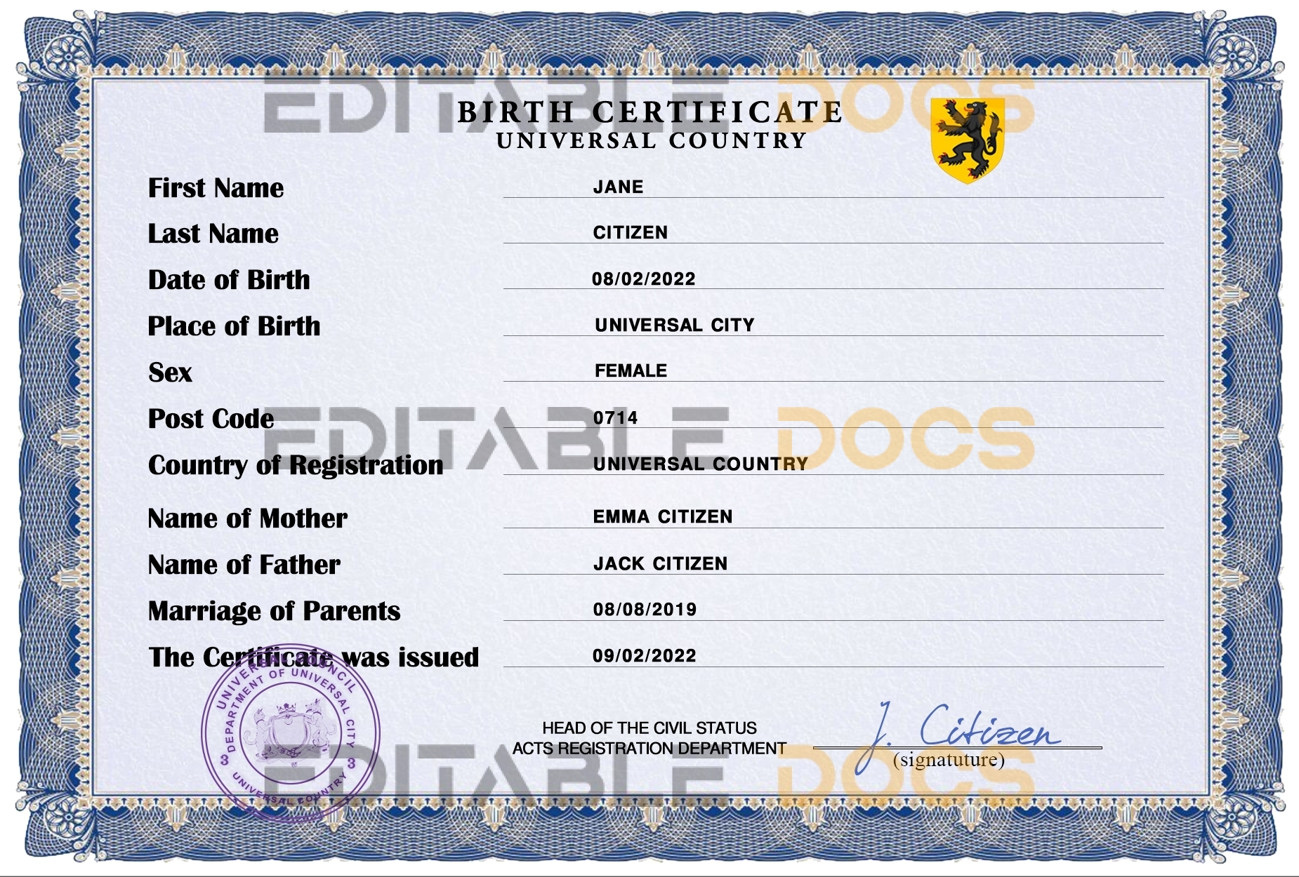 Authentic stance universal Birth Certificate PSD Template
