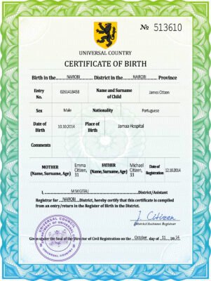 Authentic united assembly universal Birth Certificate PSD Template | Customize and Download Online