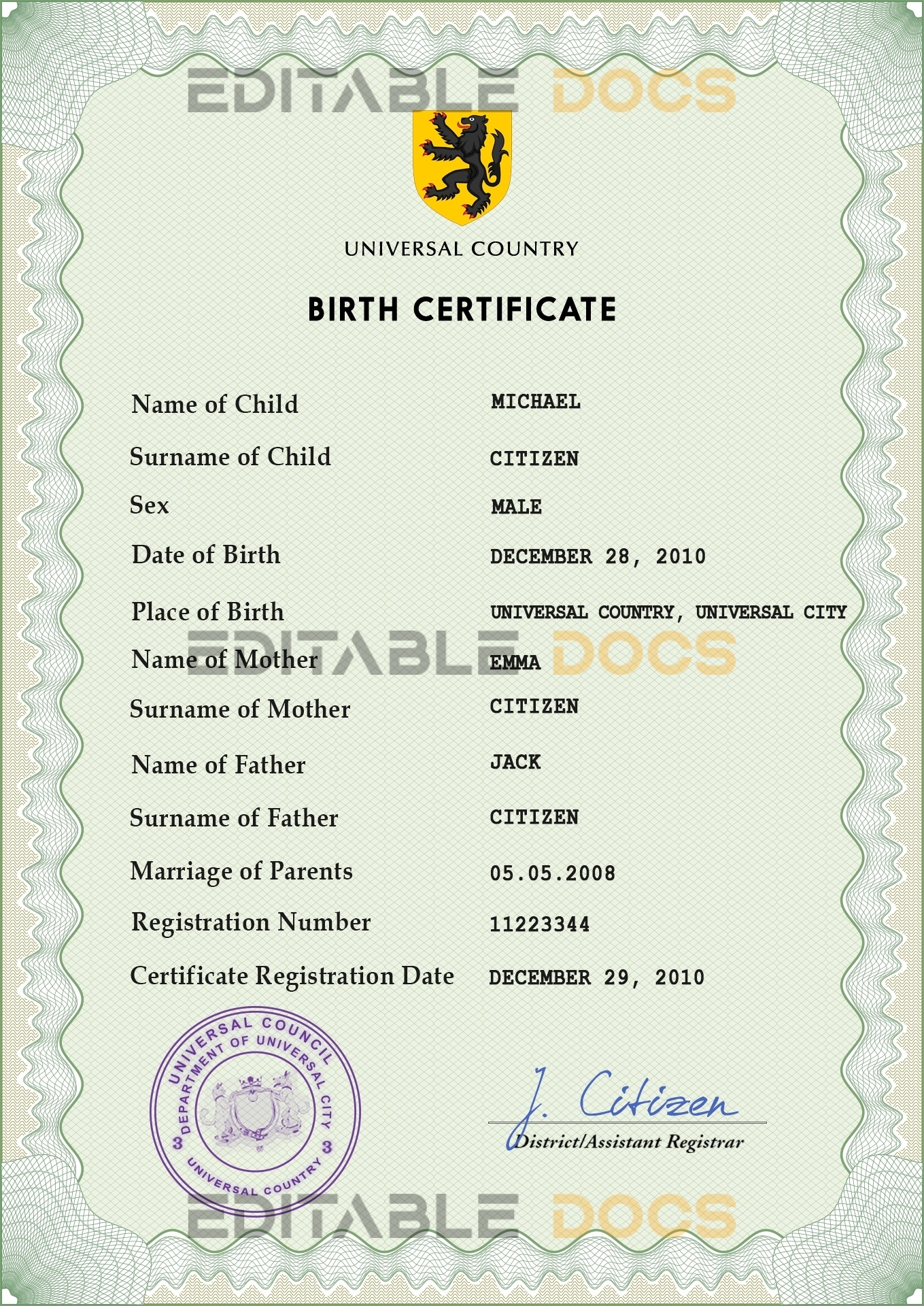 Authentic wisdom universal Birth Certificate PSD Template