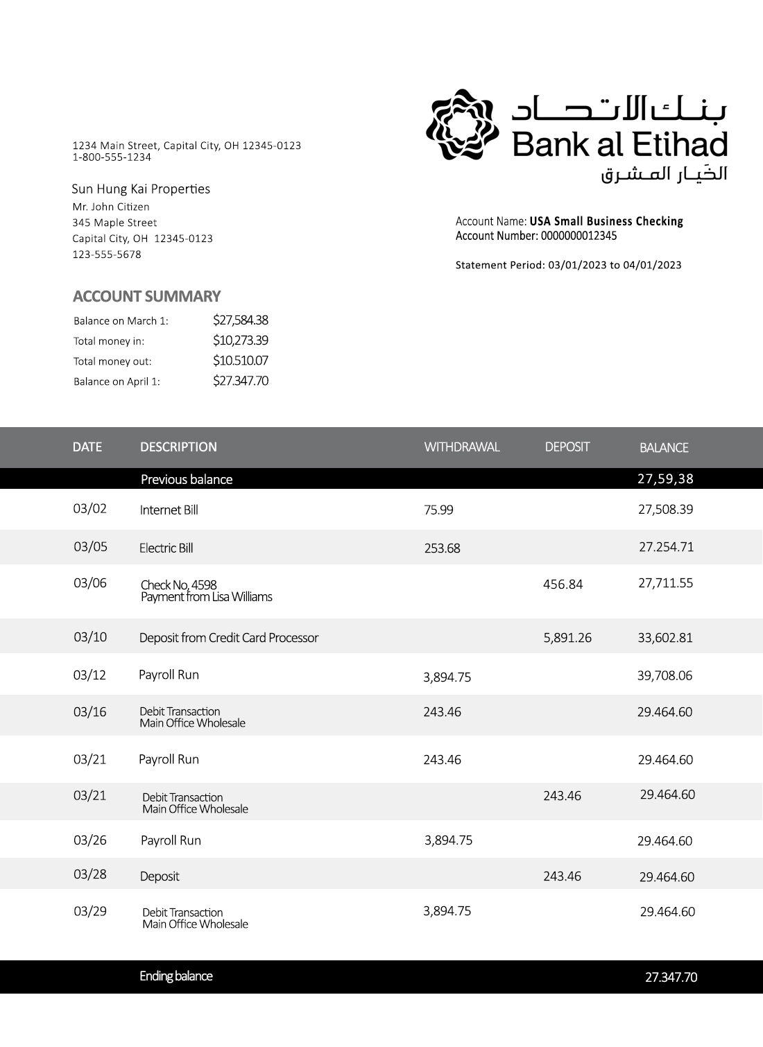 Fake Bank al Etihad firm Business account statement