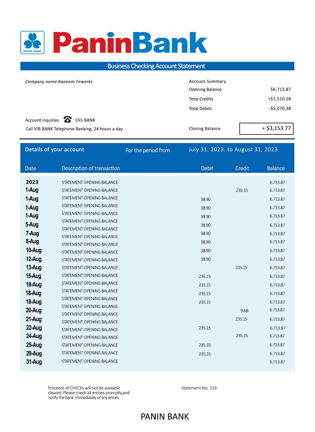 Fake Panin Bank organization checking Business Bank Statement